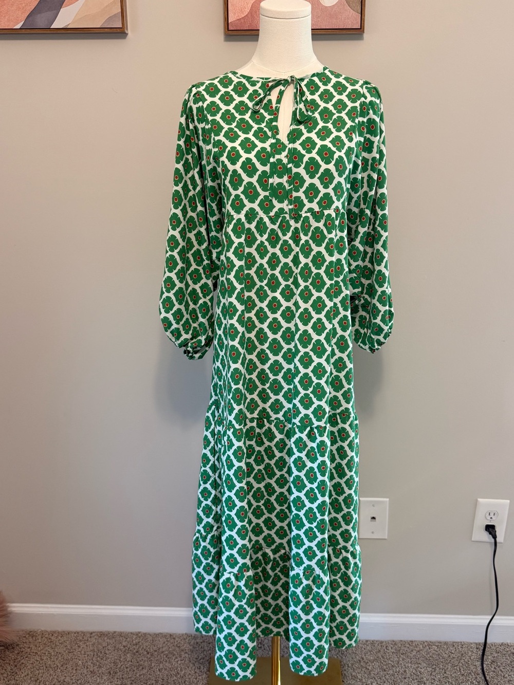 Green Geometric Tie-Neck Maxi Dress EUC XL